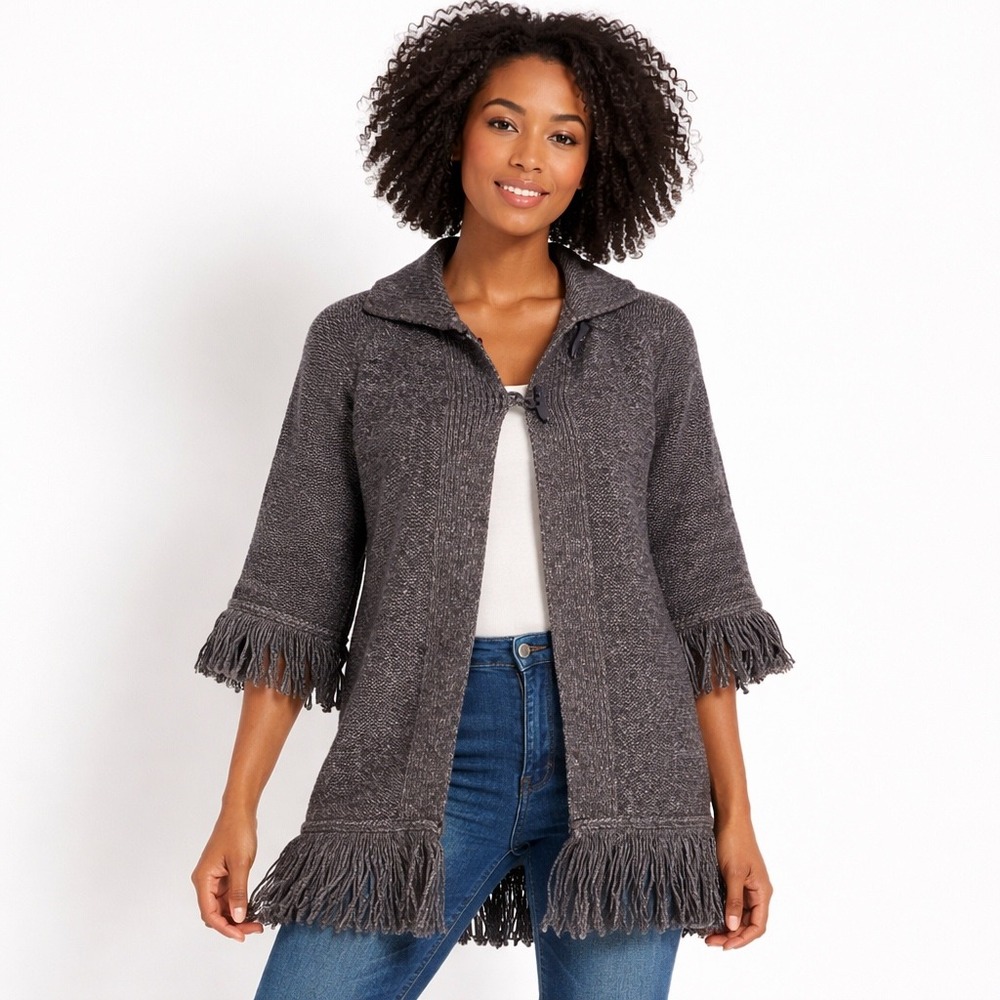 Marisa Christina Women Charcoal Grey Knit Fringe Cardigan Sweater S Boho Grunge